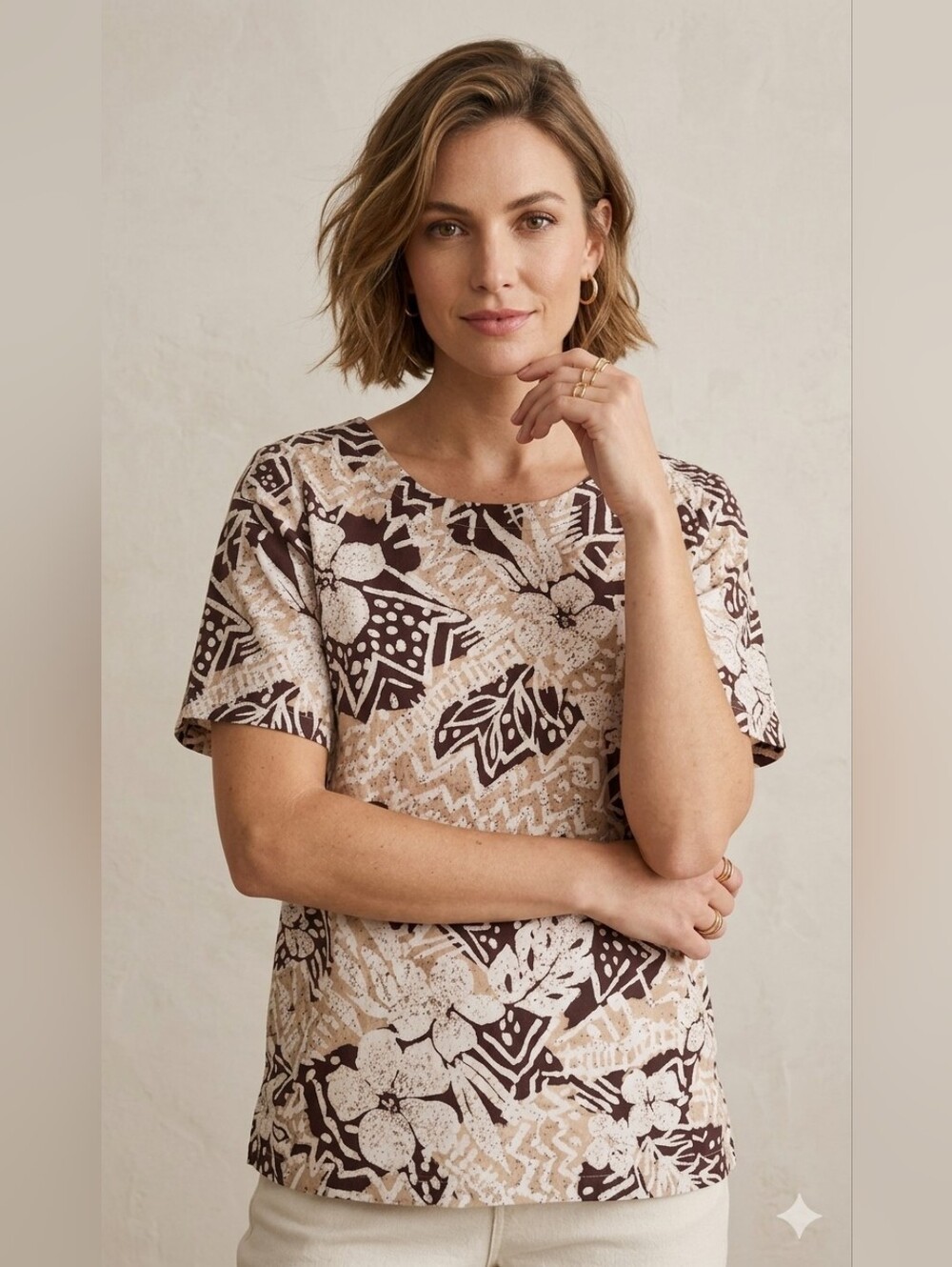 Hilo Hattie Made In Hawaii Creme Brown Shirt Shortsleeve Blouse Small